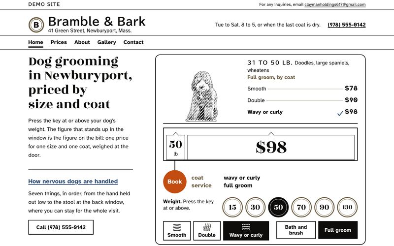 Home page of Bramble & Bark Dog Grooming, a sample dog groomer website.