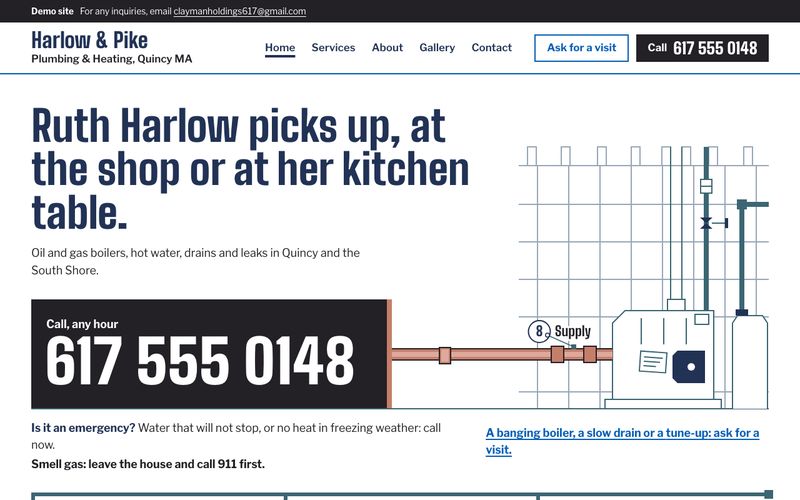 Home page of Harlow & Pike Plumbing & Heating, a sample plumber website.
