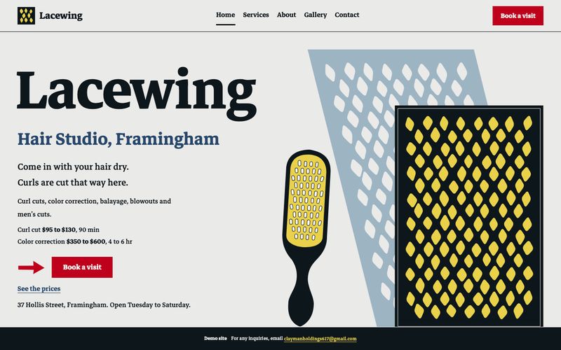 Home page of Lacewing Hair Studio, a sample hair salon website.