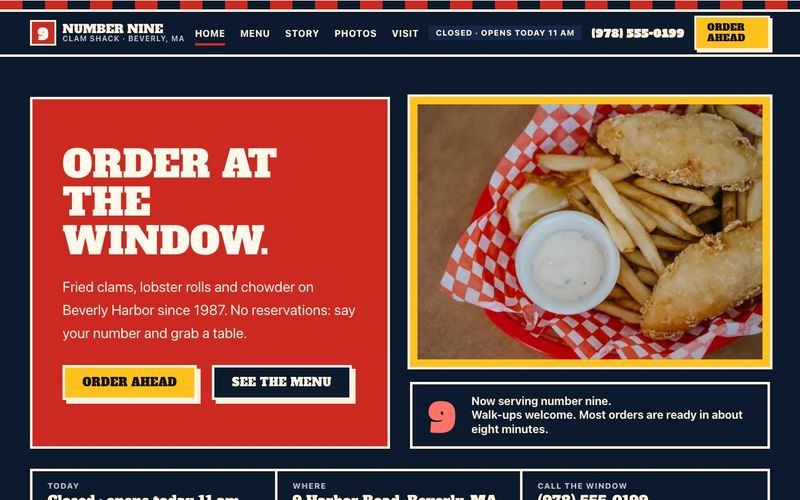 Home page of Number Nine Clam Shack, a sample website I built for a made-up restaurant.