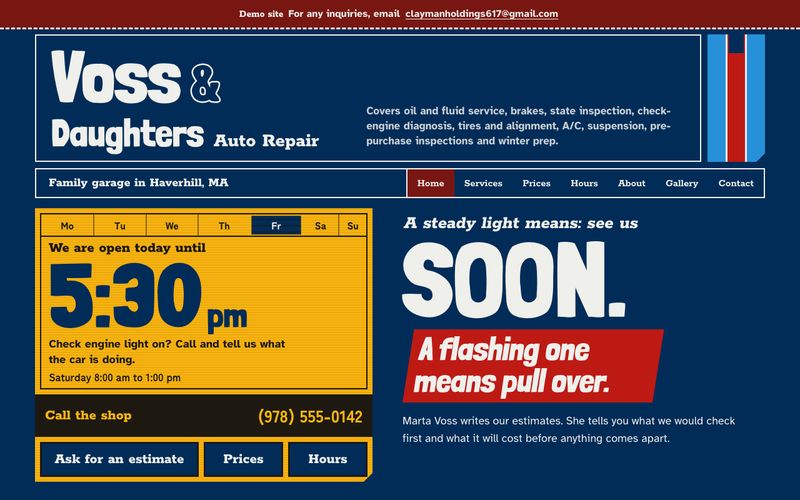 Home page of Voss & Daughters Auto Repair, a sample auto repair website.